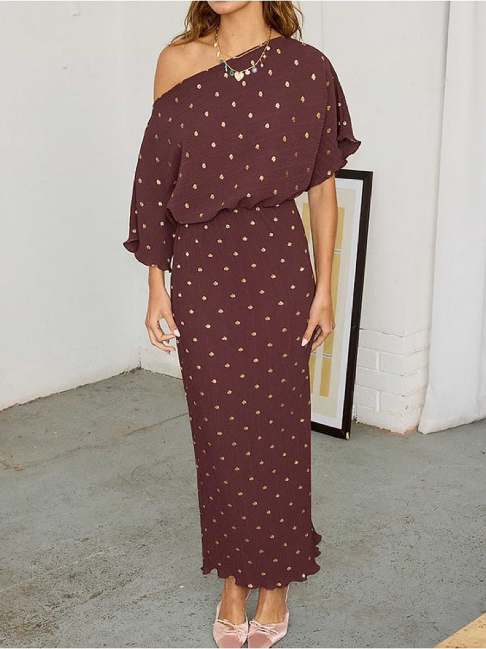 Never Fully Dressed Tilly off shoulder dress in metalic chocolate polka dots NWT
